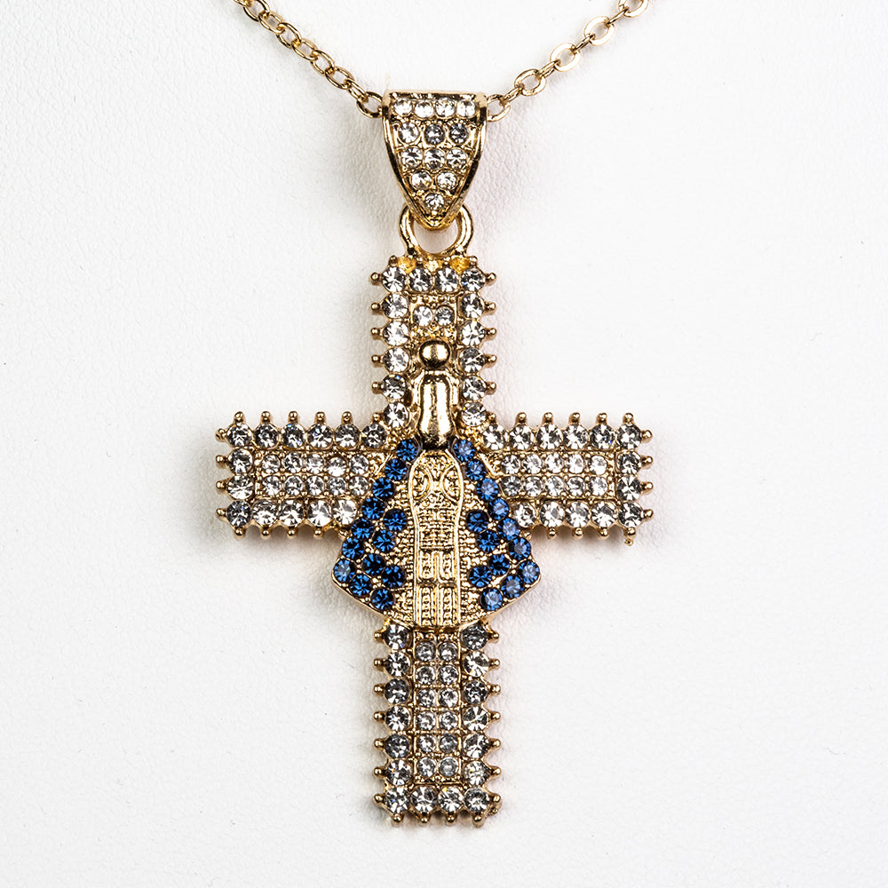 Cruz Collar de Aleación Bañado en Oro con Cristal Emporia® Azul y Cristal Emporia® Blanco 1 