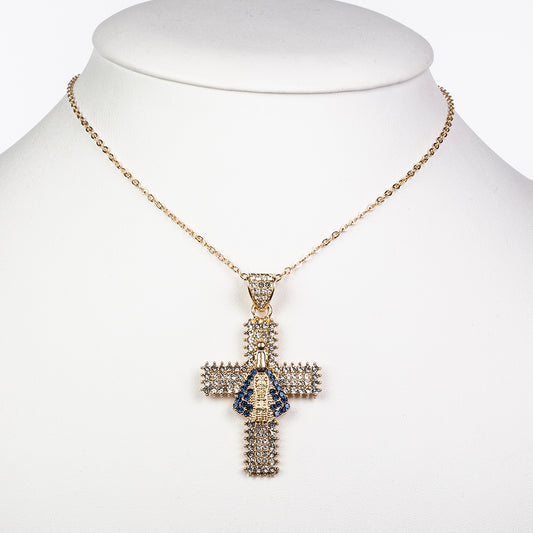 Cruz Collar de Aleación Bañado en Oro con Cristal Emporia® Azul y Cristal Emporia® Blanco