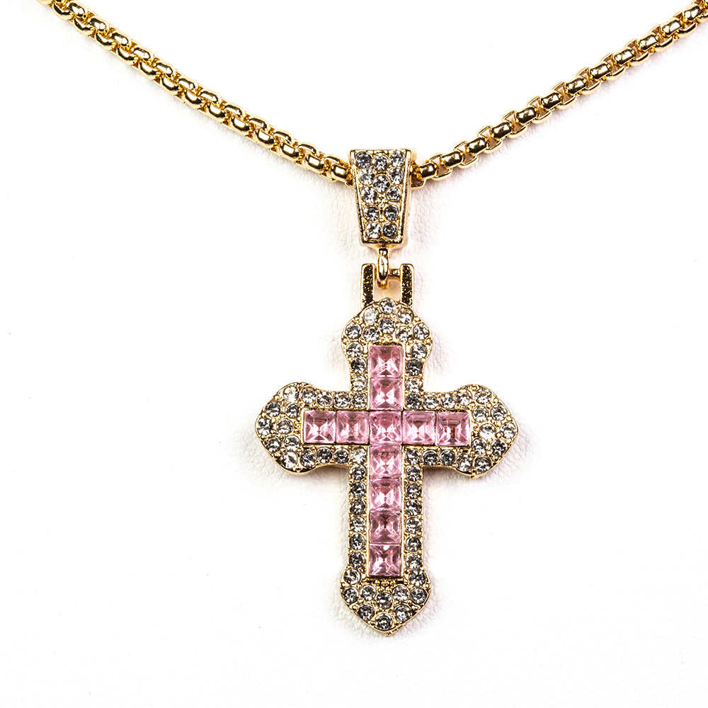 Cruz Conjunto de Aleación Bañado en Oro con Cristal Emporia® Rosa y Cristal Emporia® Blanco ( Collar +Pulsera +Anillo +Colgante ) 3 
