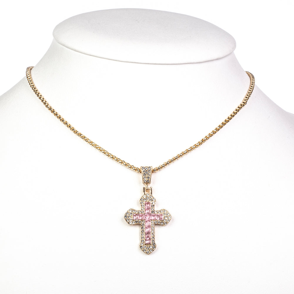 Cruz Conjunto de Aleación Bañado en Oro con Cristal Emporia® Rosa y Cristal Emporia® Blanco ( Collar +Pulsera +Anillo +Colgante ) 4 
