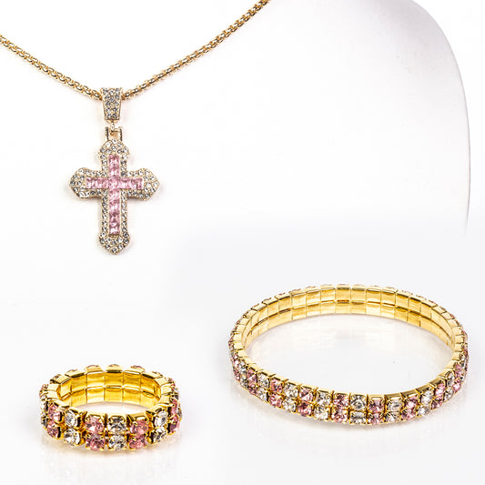 Cruz Conjunto de Aleación Bañado en Oro con Cristal Emporia® Rosa y Cristal Emporia® Blanco ( Collar +Pulsera +Anillo +Colgante )