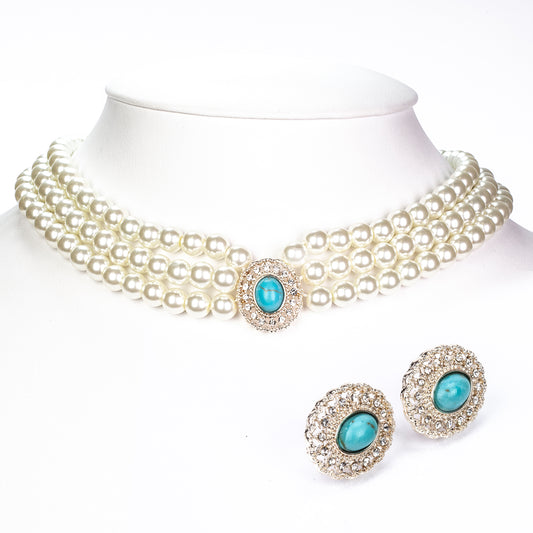 Conjunto de Aleación Bañado en Oro con Perla de cristal y Turquesa ( Collar +Pendientes )
