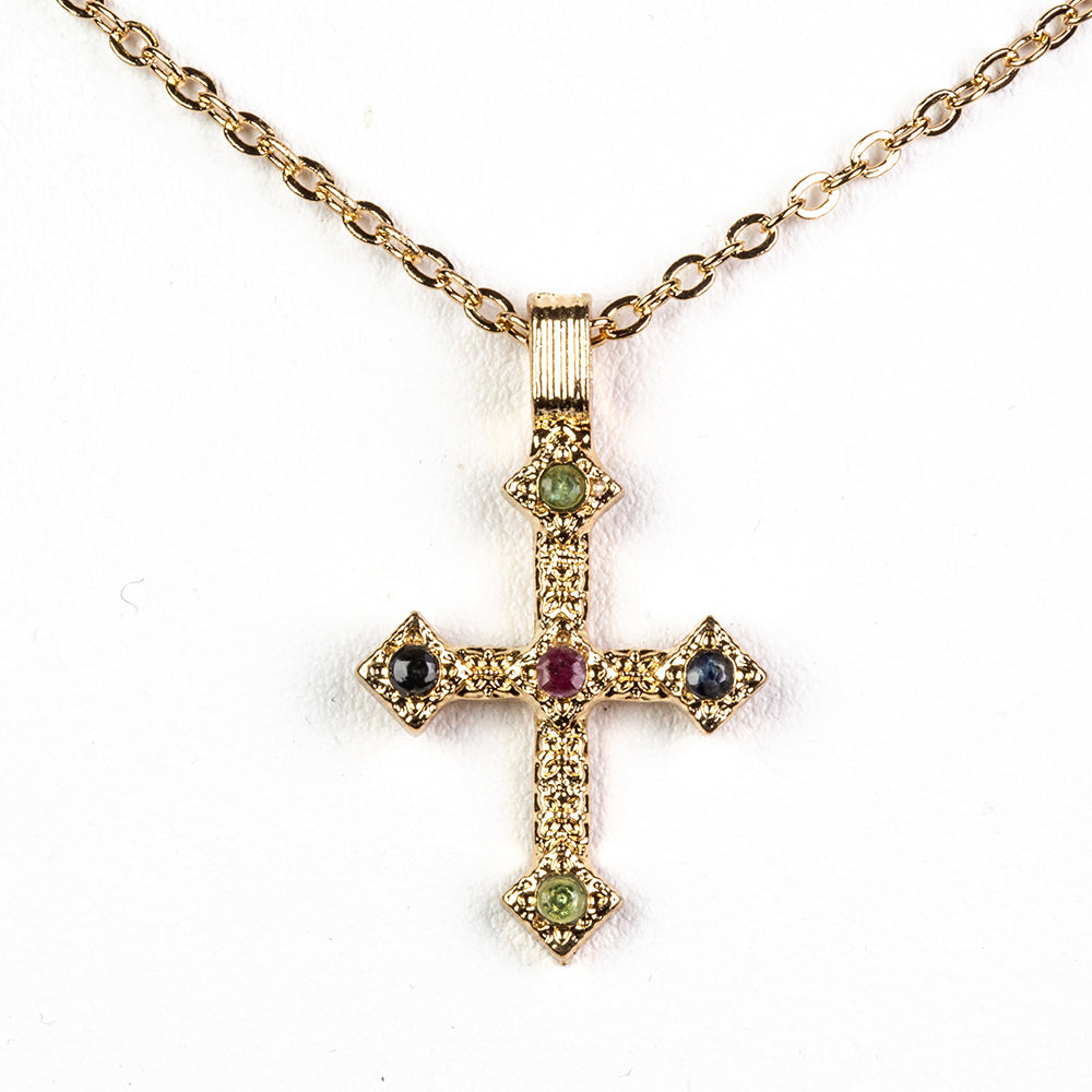 Cruz Collar de Aleación Bañado en Oro con Rubí de Birmania y Esmeralda de Brasil ( Collar +Colgante )