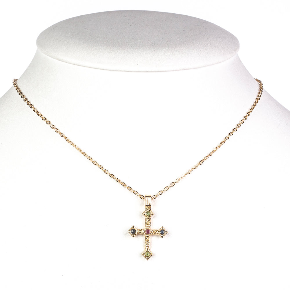 Cruz Collar de Aleación Bañado en Oro con Rubí de Birmania y Esmeralda de Brasil ( Collar +Colgante )