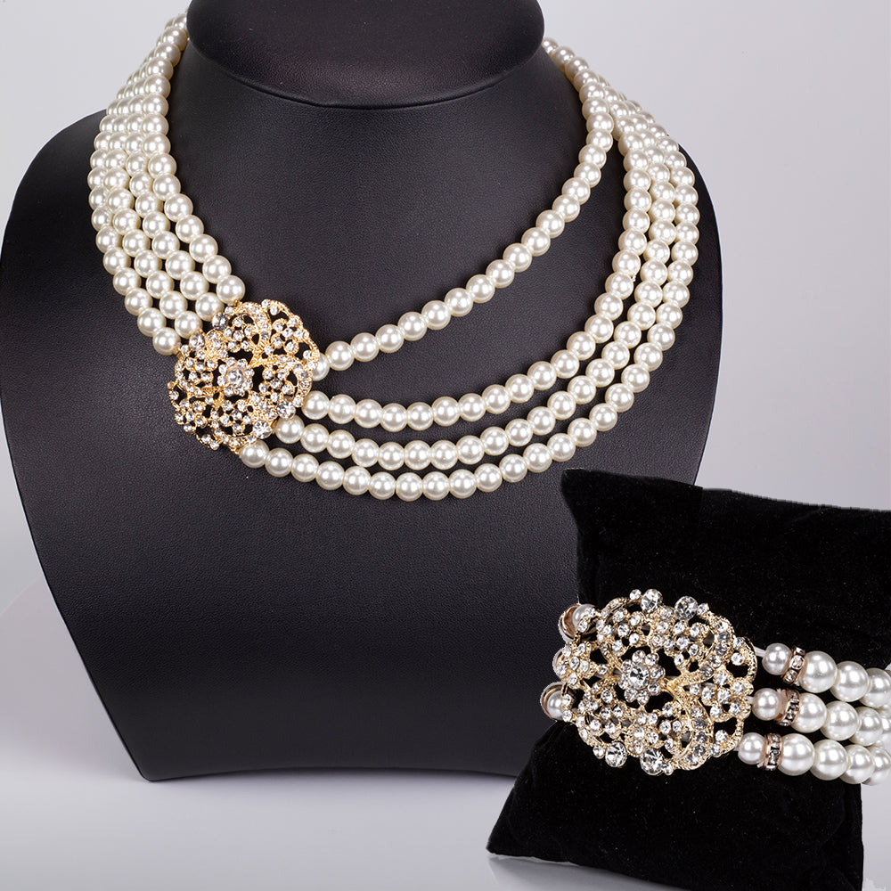 Conjunto de Aleación Bañado en Oro con Perla de cristal y Cristal Emporia® Blanco ( Collar +Pulsera ) 1 