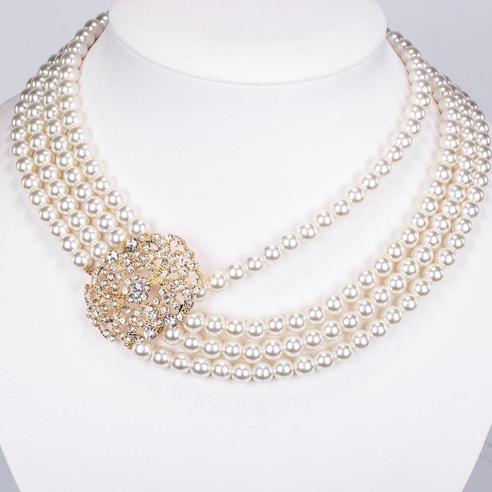Conjunto de Aleación Bañado en Oro con Perla de cristal y Cristal Emporia® Blanco ( Collar +Pulsera ) 3 