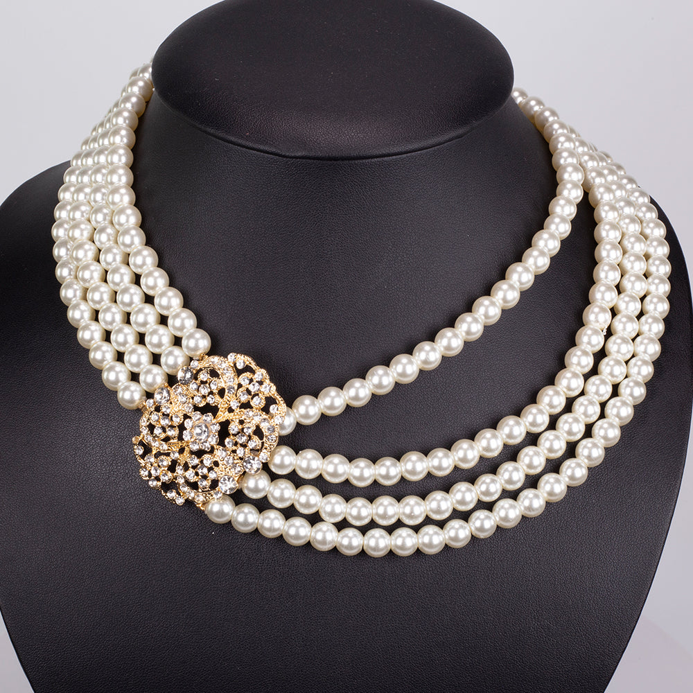 Conjunto de Aleación Bañado en Oro con Perla de cristal y Cristal Emporia® Blanco ( Collar +Pulsera ) 4 