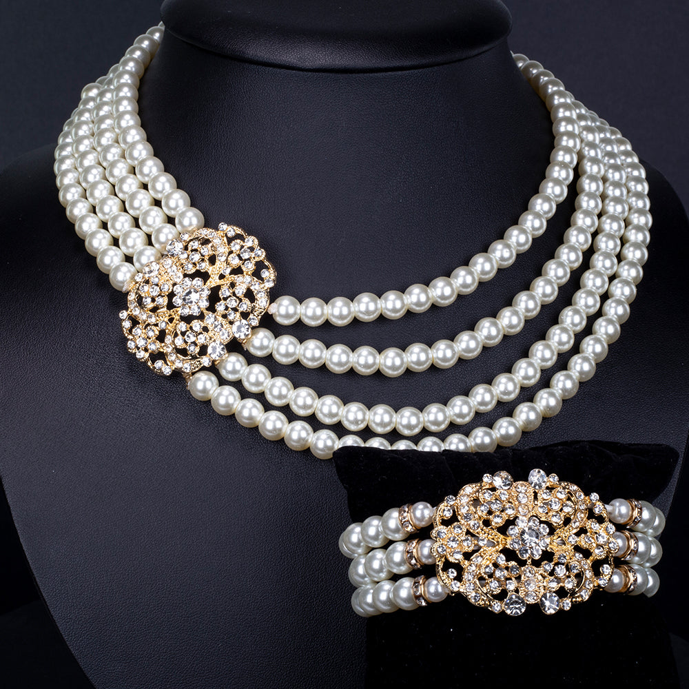 Conjunto de Aleación Bañado en Oro con Perla de cristal y Cristal Emporia® Blanco ( Collar +Pulsera ) 6 