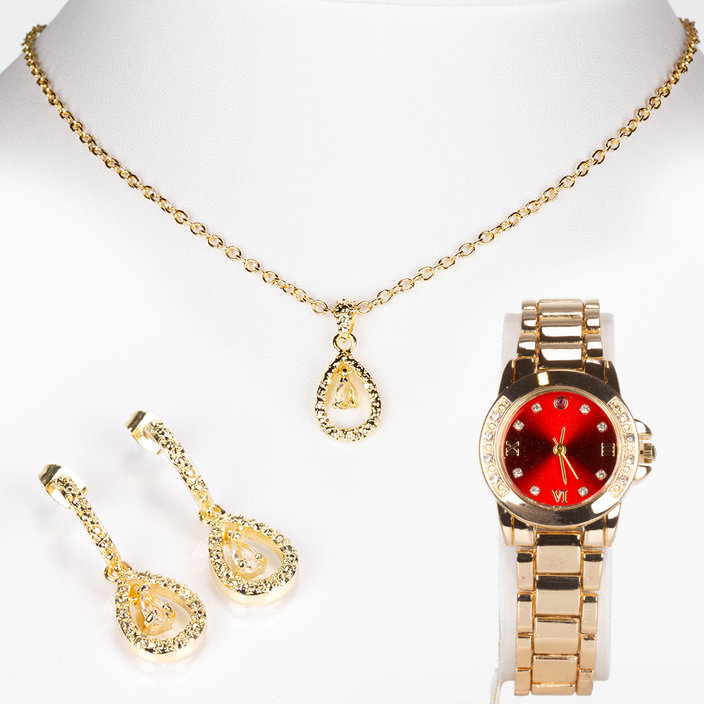 Reloj de Aleación Bañado en Oro con Rubí y Cristal Emporia® Blanco ( Collar +Pendientes +Colgante ) 1 
