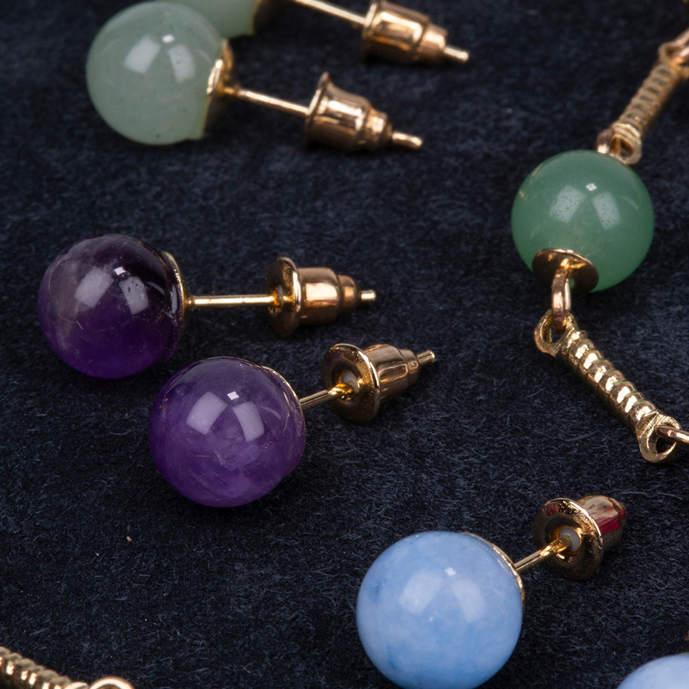 Conjunto de Aleación Bañado en Oro con Amatista y Jade ( Collar +Pendientes +Pulsera )