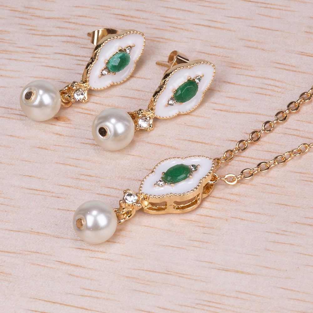 Conjunto de Aleación Bañado en Oro con Esmeralda y Perla de cristal ( Collar +Pendientes +Colgante ) 2 