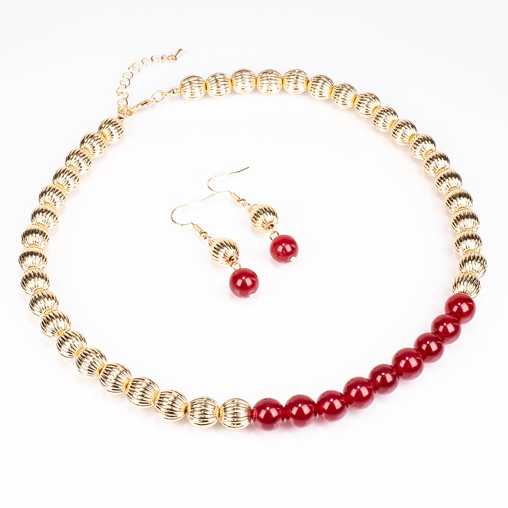 Conjunto de Aleación Bañado en Oro con Ágata Roja ( Collar +Pendientes ) 1 