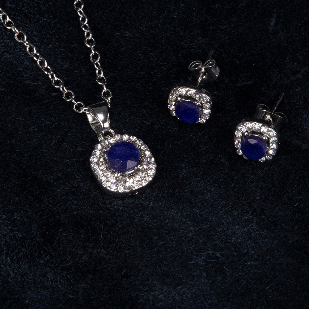 Conjunto de Aleación Bañado en Oro con Zafiro y Cristal Emporia® Blanco ( Collar +Pendientes +Colgante )