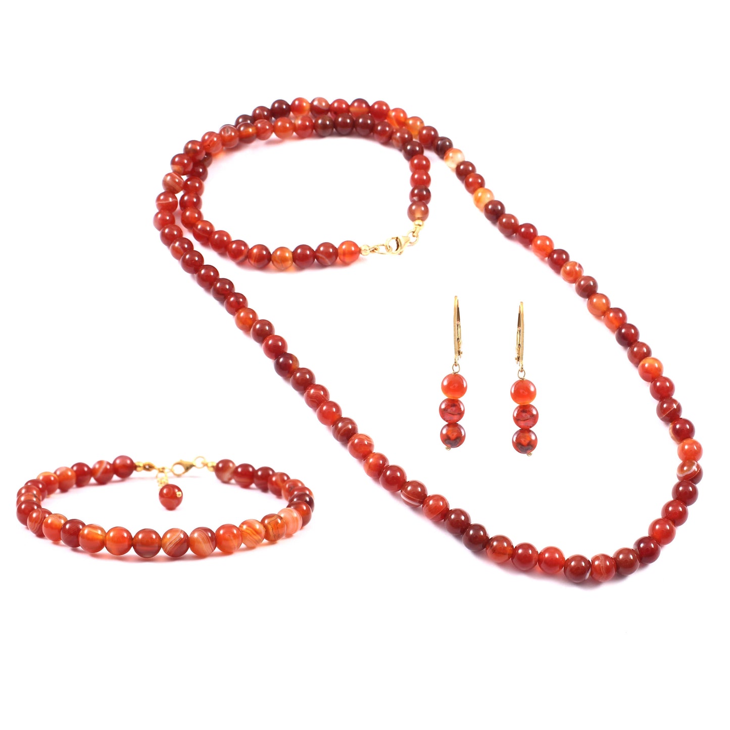 Conjunto de Plata Bañada en Oro con Ágata Roja ( Collar +Pendientes +Pulsera )