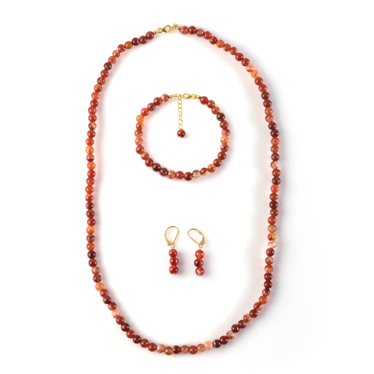 Conjunto de Plata Bañada en Oro con Ágata Roja ( Collar +Pendientes +Pulsera )