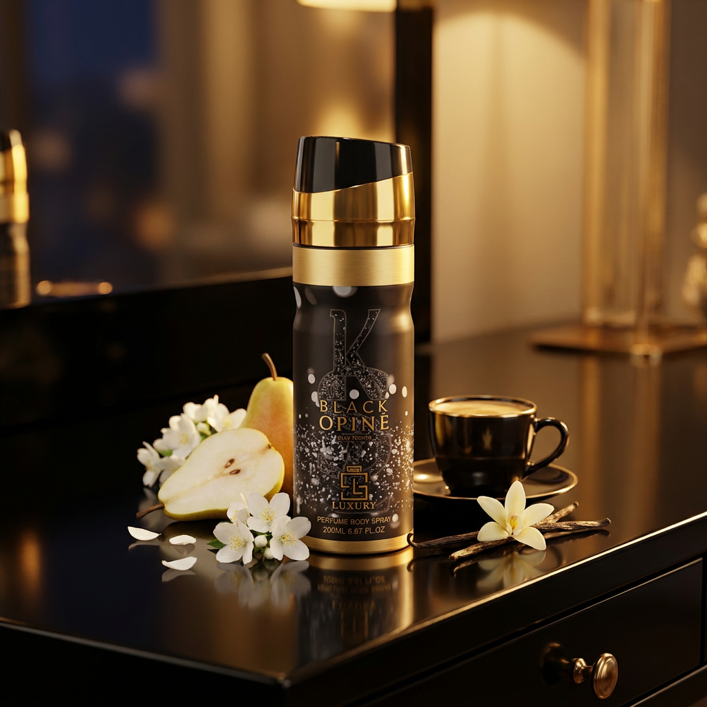 Spray corporal perfumado Black Opine 200 ml – fragancia floral-gourmand para mujer