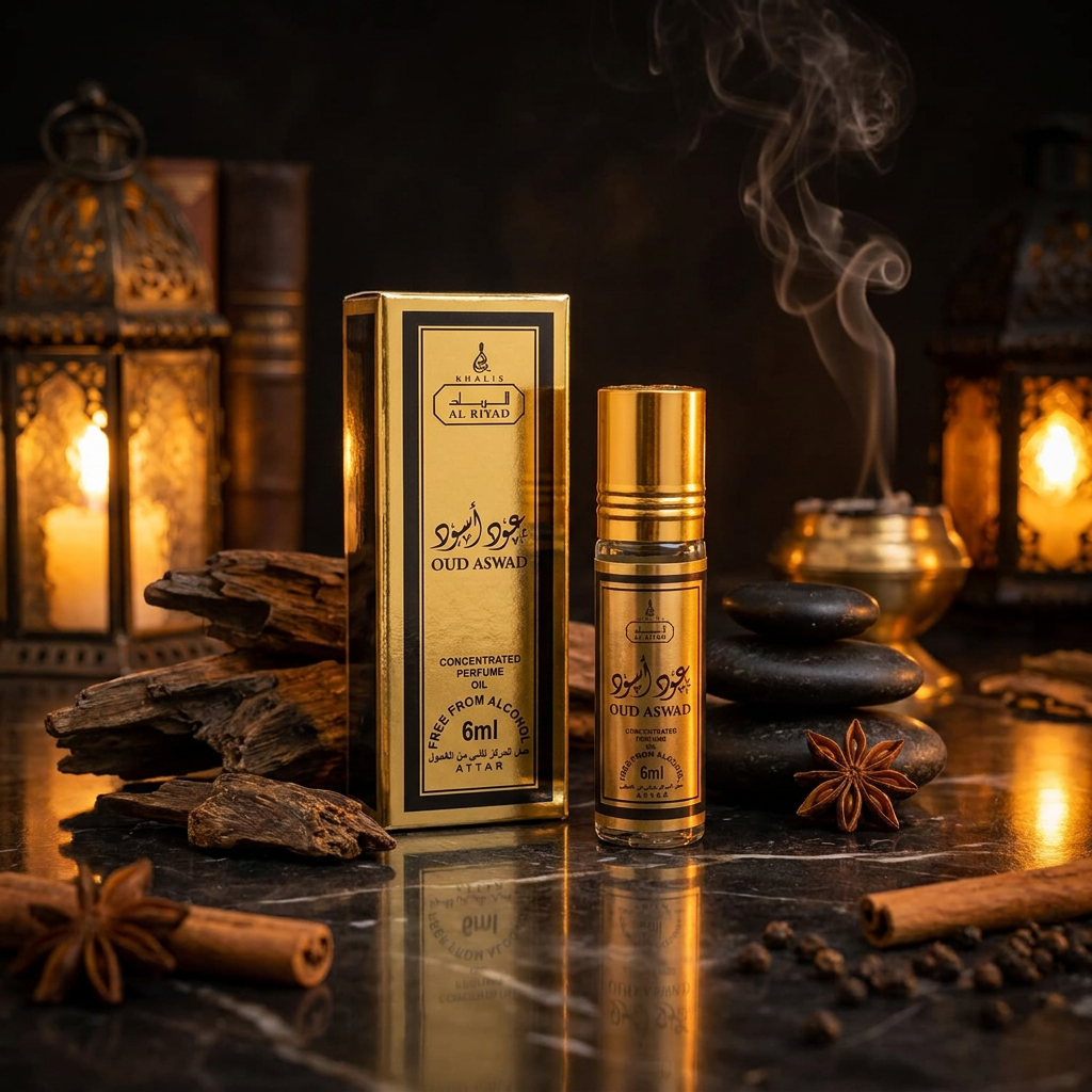 Aceite de perfume roll-on Oud Aswad Al Riyad (6 ml) – fragancia masculina amaderada y especiada 1 