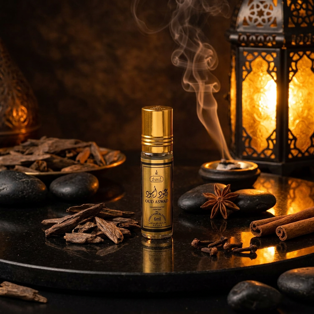 Aceite de perfume roll-on Oud Aswad Al Riyad (6 ml) – fragancia masculina amaderada y especiada
