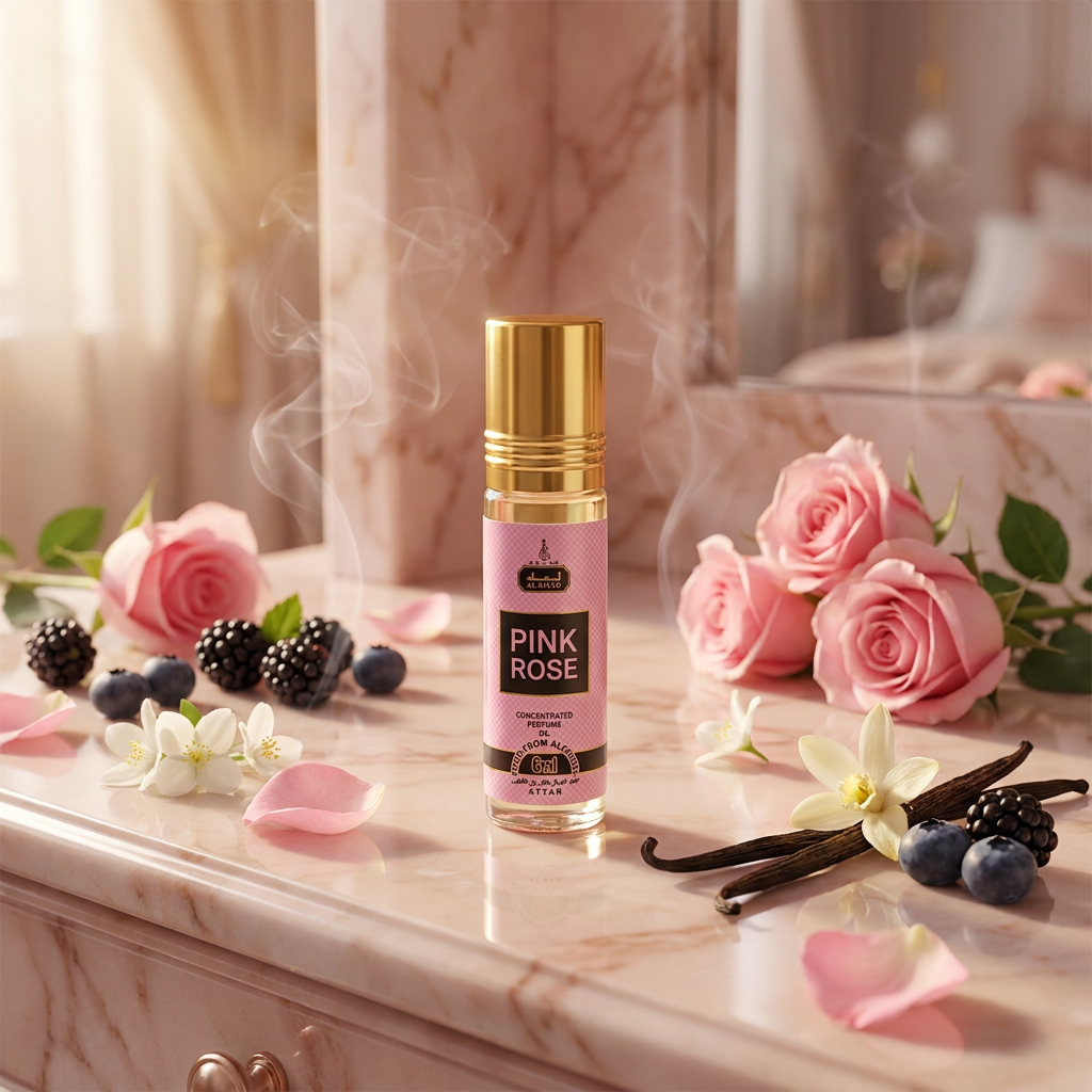 Aceite de perfume roll-on Pink Rose Al Riyad (6 ml): fragancia floral-frutal para mujer.