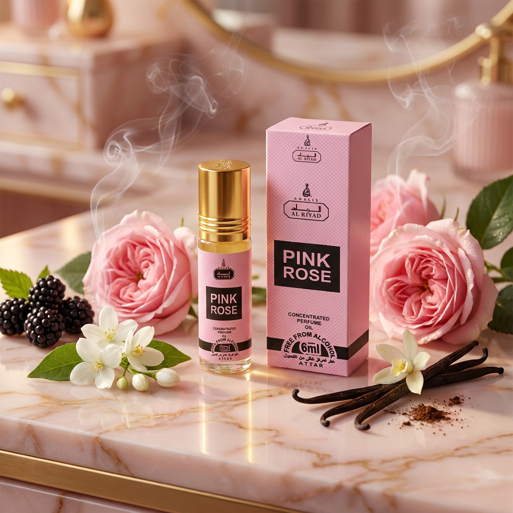 Aceite de perfume roll-on Pink Rose Al Riyad (6 ml): fragancia floral-frutal para mujer. 1 