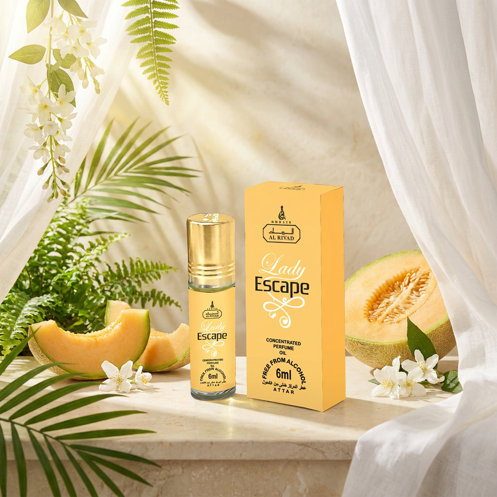 Aceite de perfume en roll-on Lady Escape Al Riyad (6 ml): fragancia floral-frutal para mujer.