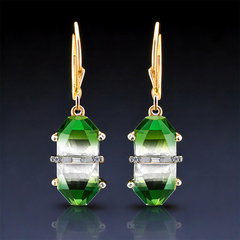 Pendientes de Plata Bañada en Oro con Ónix Verde y Diamante blanco