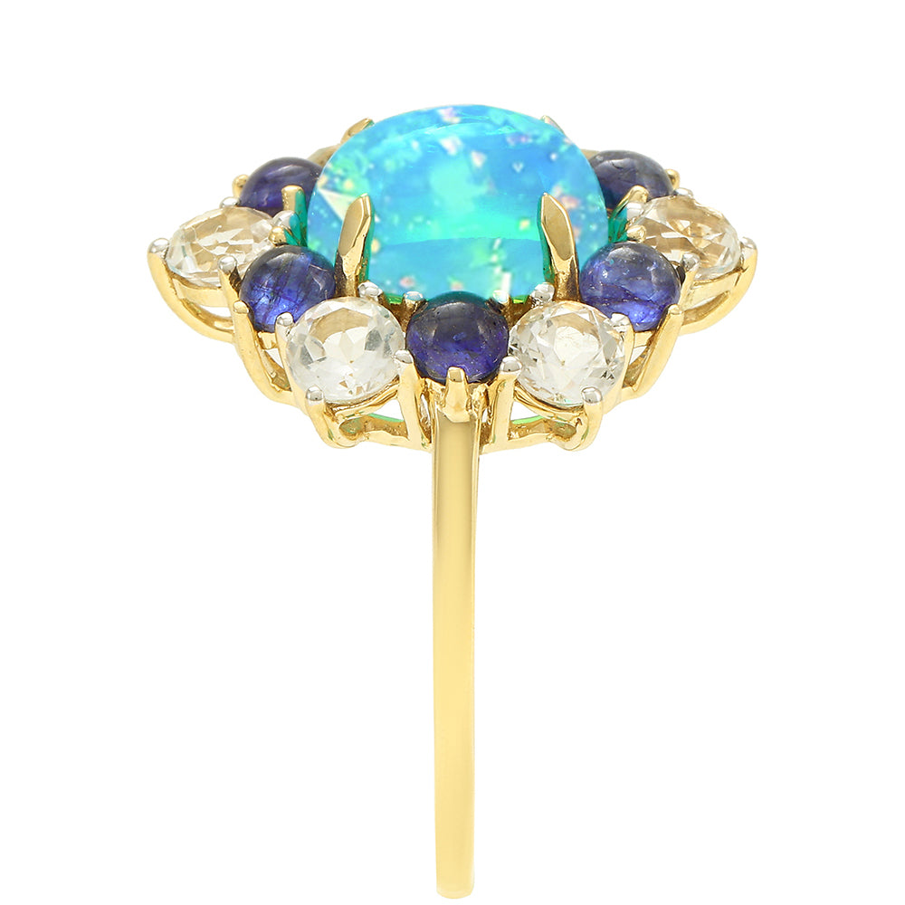 Anillo de Oro 9K con Ópalo Azul Paraiba de Etiopía y Zafiro Azul