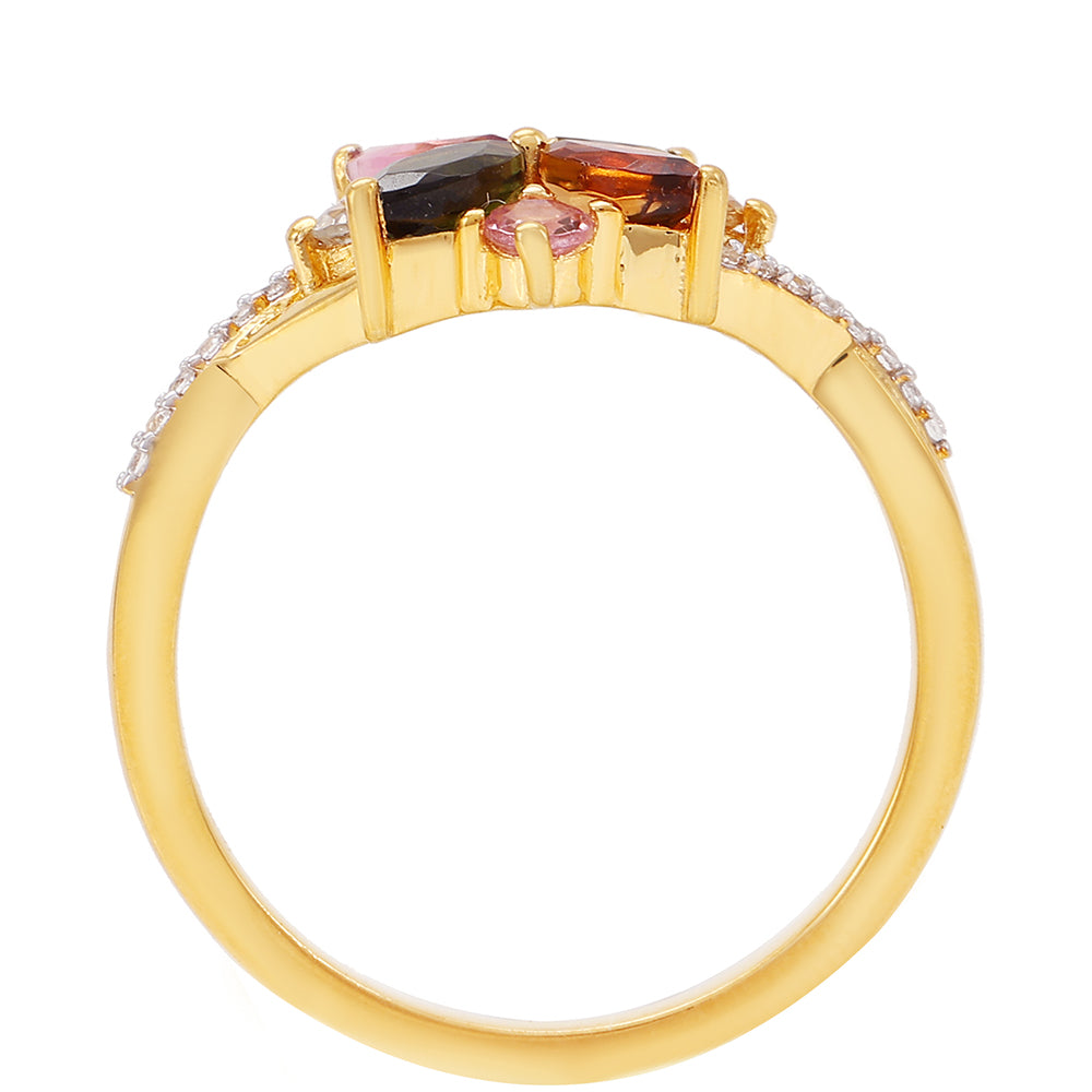 Anillo de Plata Bañada en Oro con Turmalina Arco Iris Pelmadulla y Topacio Blanco