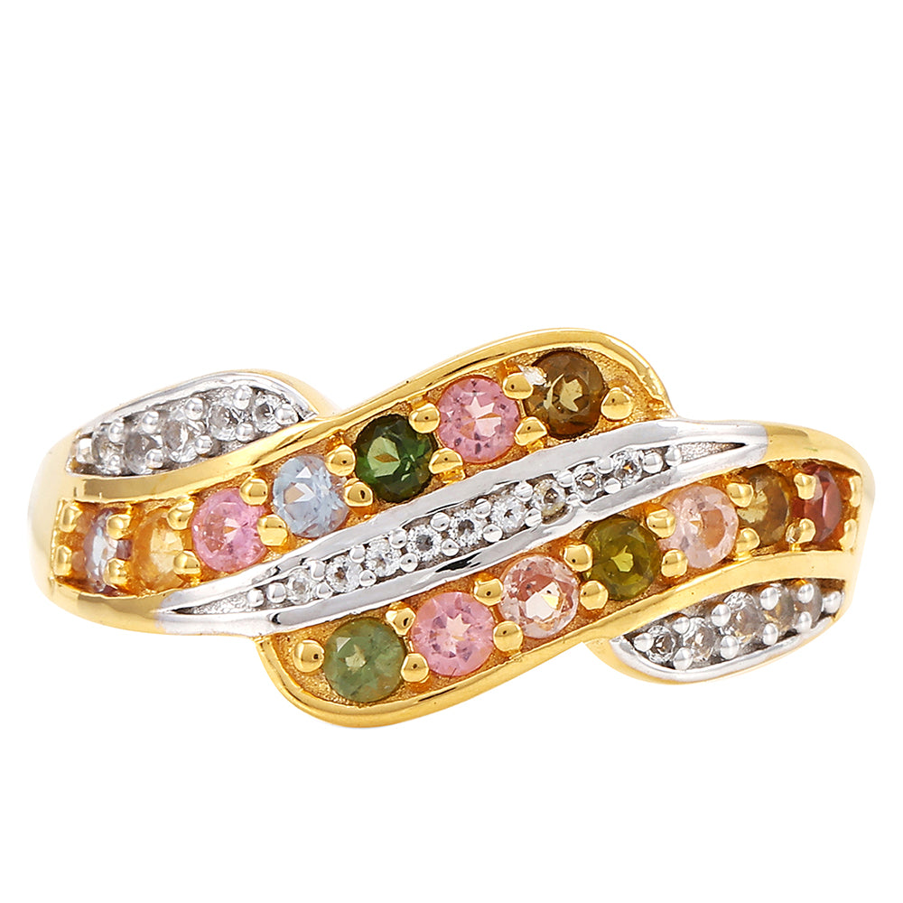 Anillo de Plata Bañada en Oro con Turmalina Arco Iris Pelmadulla y Topacio Blanco