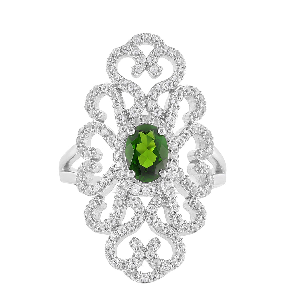 Anillo de Plata con Diópsido de Cromo y Topacio Blanco
