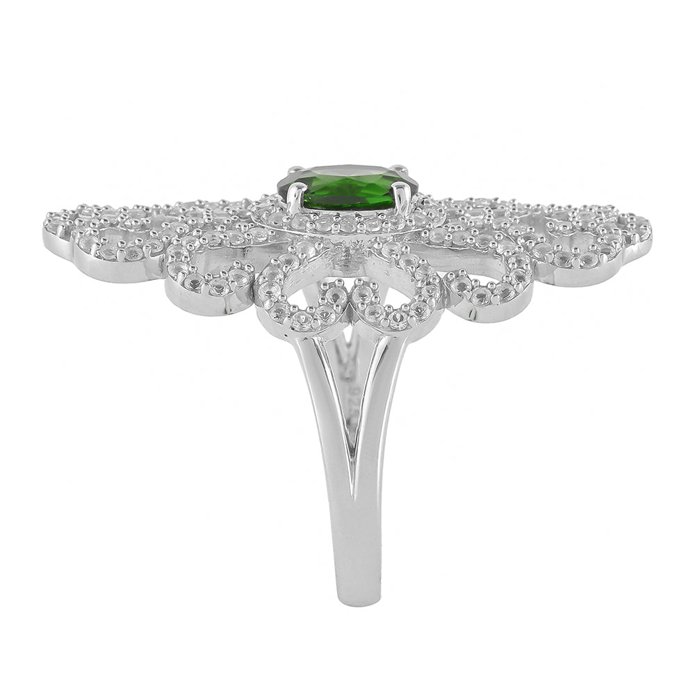 Anillo de Plata con Diópsido de Cromo y Topacio Blanco