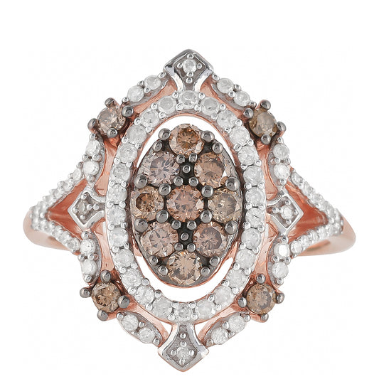 Anillo de Plata Bañada en Oro Rosa con Diamante Champagne y Diamante blanco