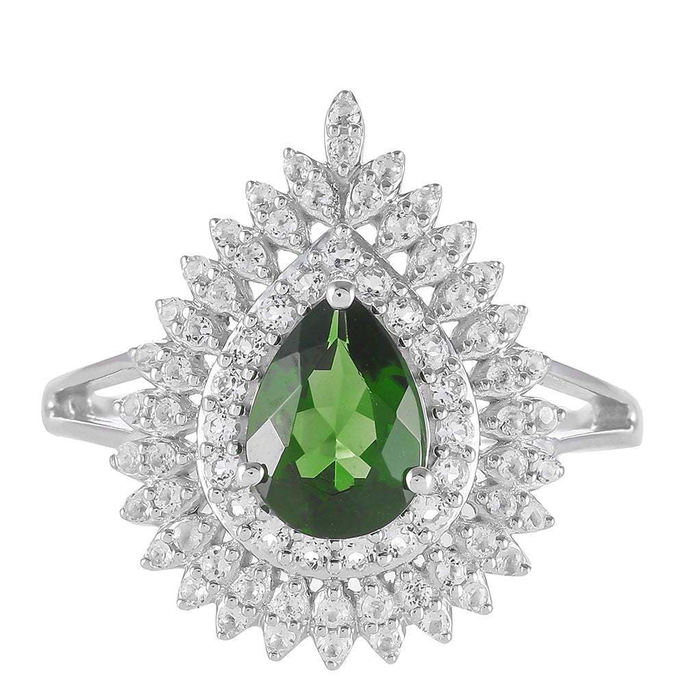 Anillo de Plata con Diópsido de Cromo y Topacio Blanco