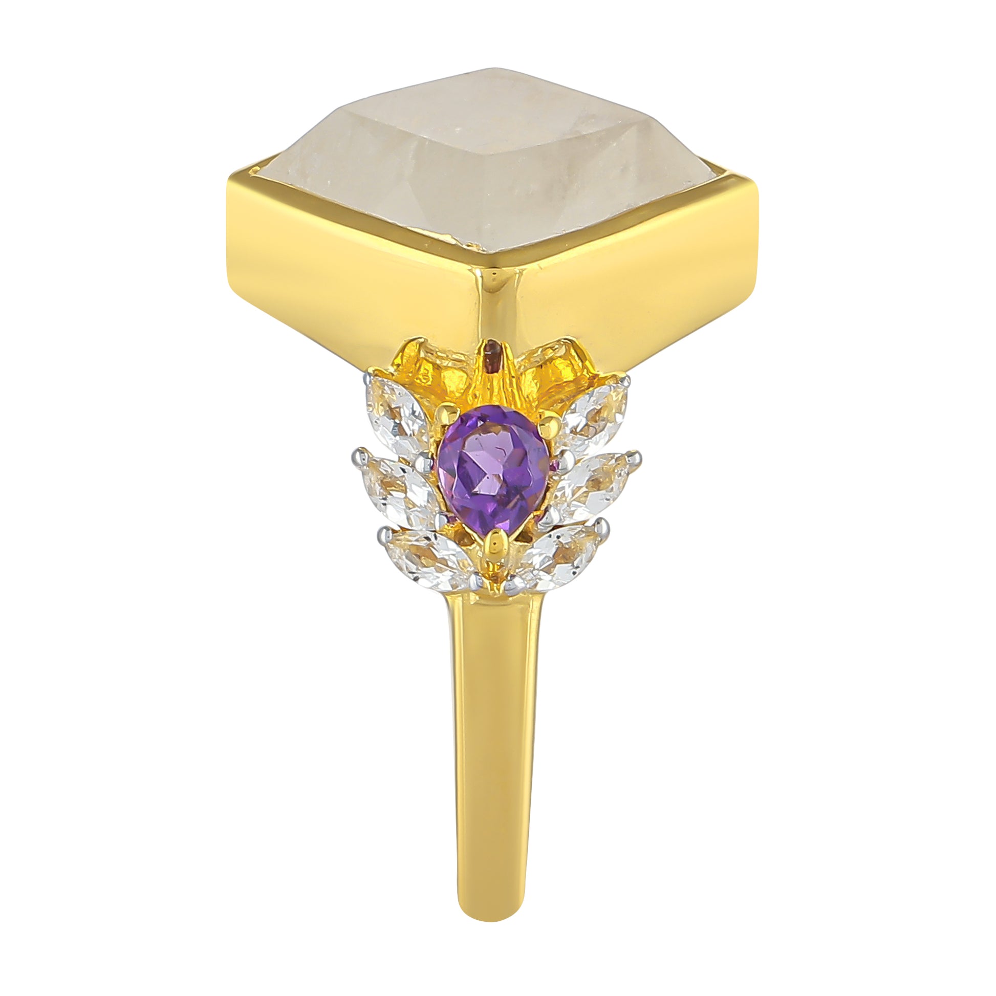 Anillo de Plata Bañada en Oro con Piedra Lunar Arco Iris y Amatista de Brasil 3 