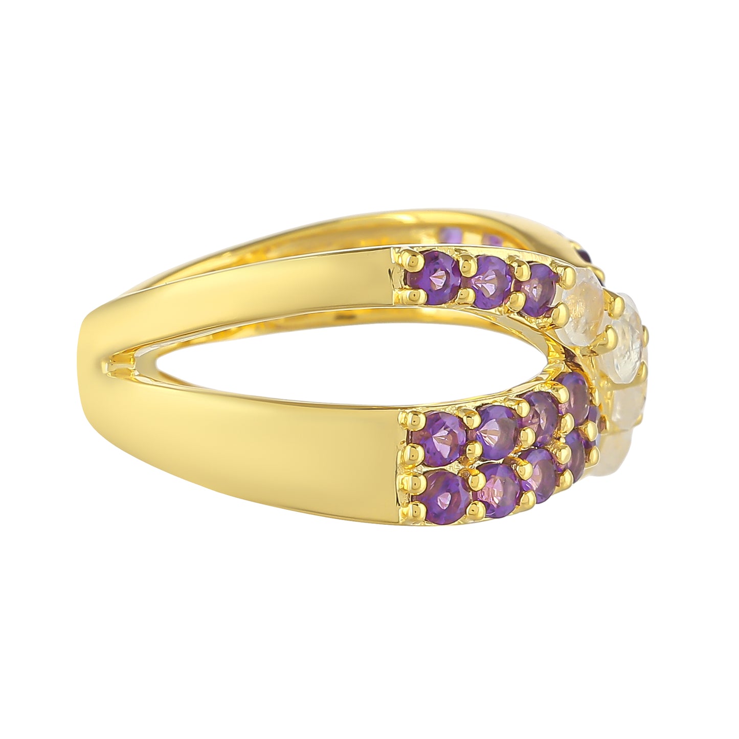 Anillo de Plata Bañada en Oro con Piedra Lunar Arco Iris y Amatista de Brasil