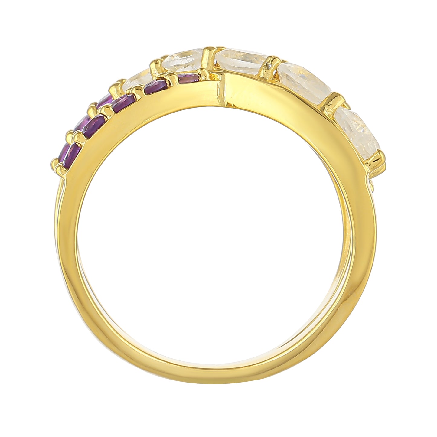 Anillo de Plata Bañada en Oro con Piedra Lunar Arco Iris y Amatista de Brasil