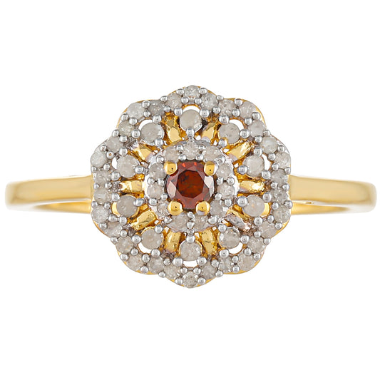 Anillo de Plata Bañada en Oro con Diamante Rojo y Diamante blanco