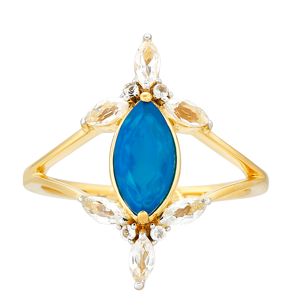 Anillo de Plata Bañada en Oro con Ópalo Azul Paraiba de Etiopía y Topacio Blanco 1 