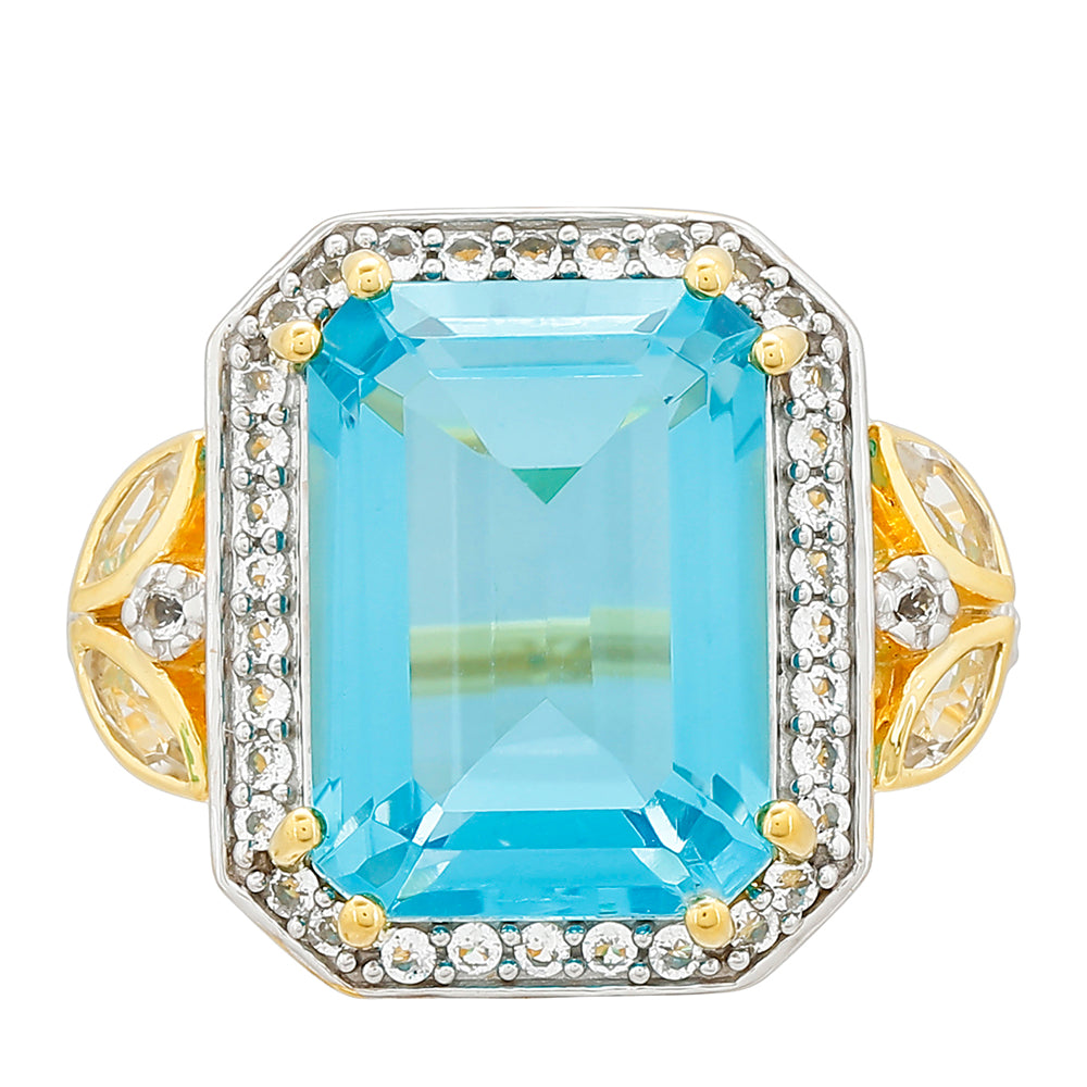 Anillo de Plata Bañada en Oro con Cuarzo Paraiba y Topacio Blanco