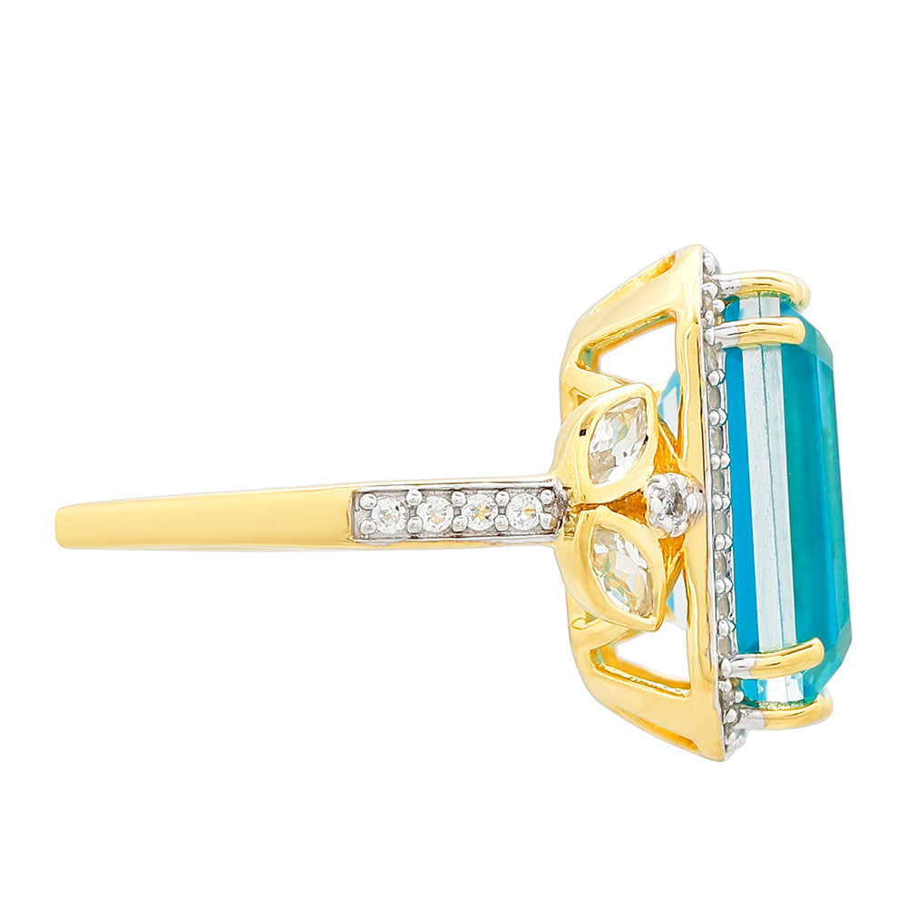 Anillo de Plata Bañada en Oro con Cuarzo Paraiba y Topacio Blanco 2 