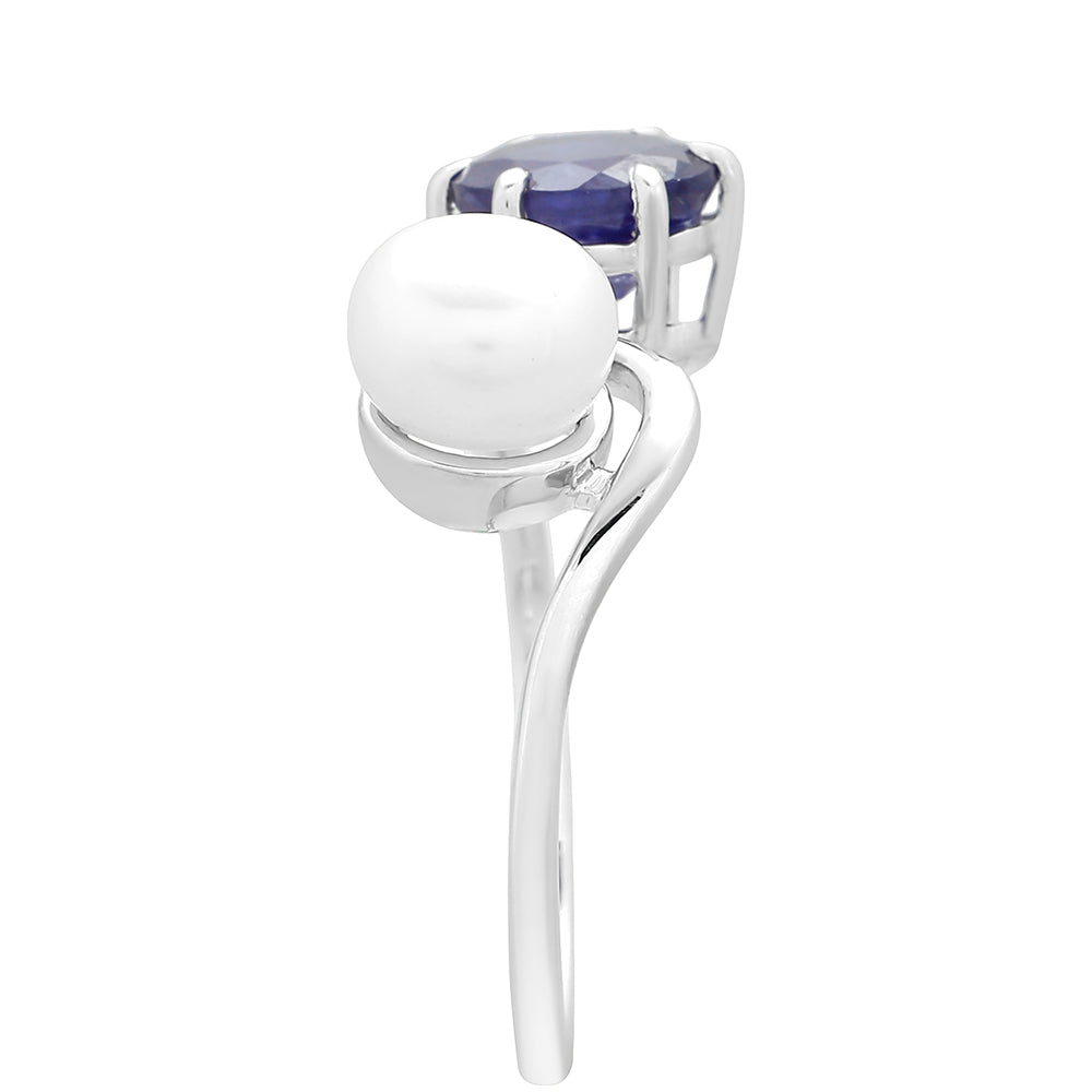 Anillo de Plata con Zafiro de Tailandia y Perla blanca de agua dulce