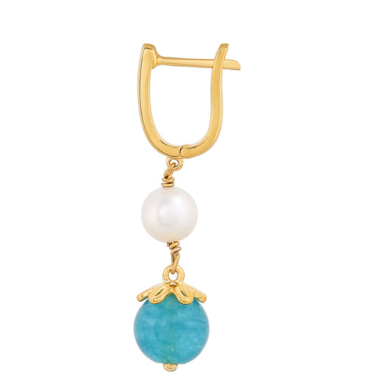 Pendientes de Plata Bañada en Oro con Cuarzo Paraiba y Perla blanca de agua dulce
