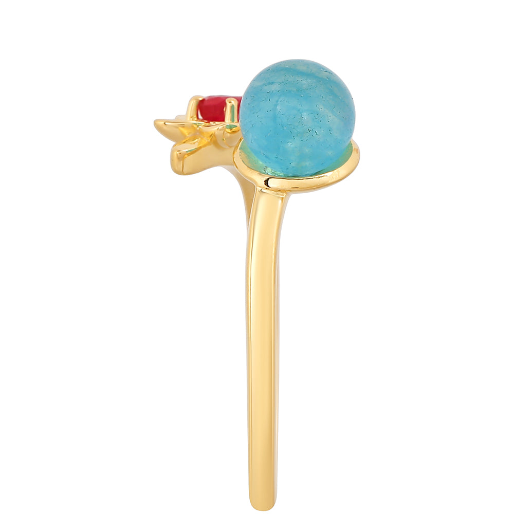 Anillo de Plata Bañada en Oro con Cuarzo Paraiba y Cuarzo Rojo 3 