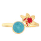 Anillo de Plata Bañada en Oro con Cuarzo Paraiba y Cuarzo Rojo