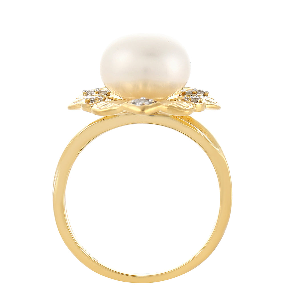 Anillo de Plata Bañada en Oro con Perla Barroca Cultivada de Agua Dulce y Topacio Blanco 3 