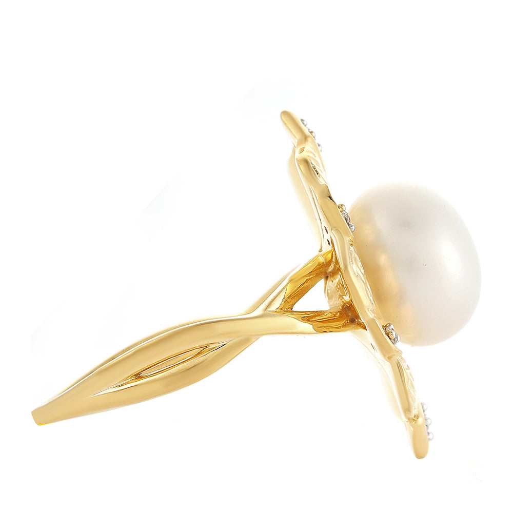 Anillo de Plata Bañada en Oro con Perla Barroca Cultivada de Agua Dulce y Topacio Blanco 4 