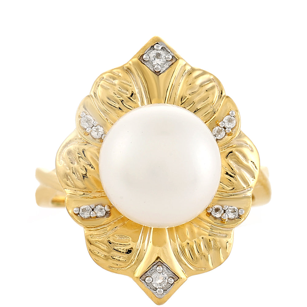 Anillo de Plata Bañada en Oro con Perla Barroca Cultivada de Agua Dulce y Topacio Blanco 1 