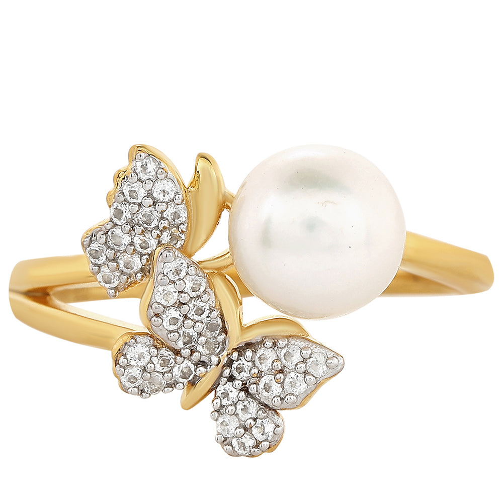 Anillo de Plata Bañada en Oro con Perla Barroca Cultivada de Agua Dulce y Topacio Blanco 1 