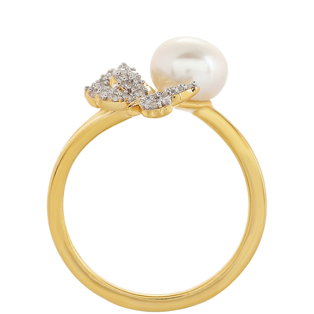 Anillo de Plata Bañada en Oro con Perla Barroca Cultivada de Agua Dulce y Topacio Blanco