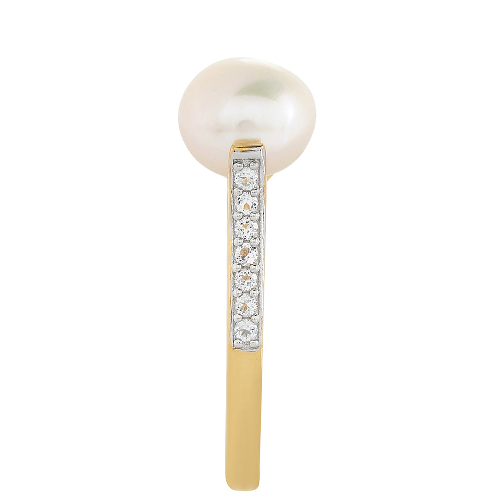 Anillo de Plata Bañada en Oro con Perla Barroca Cultivada de Agua Dulce y Topacio Blanco 4 